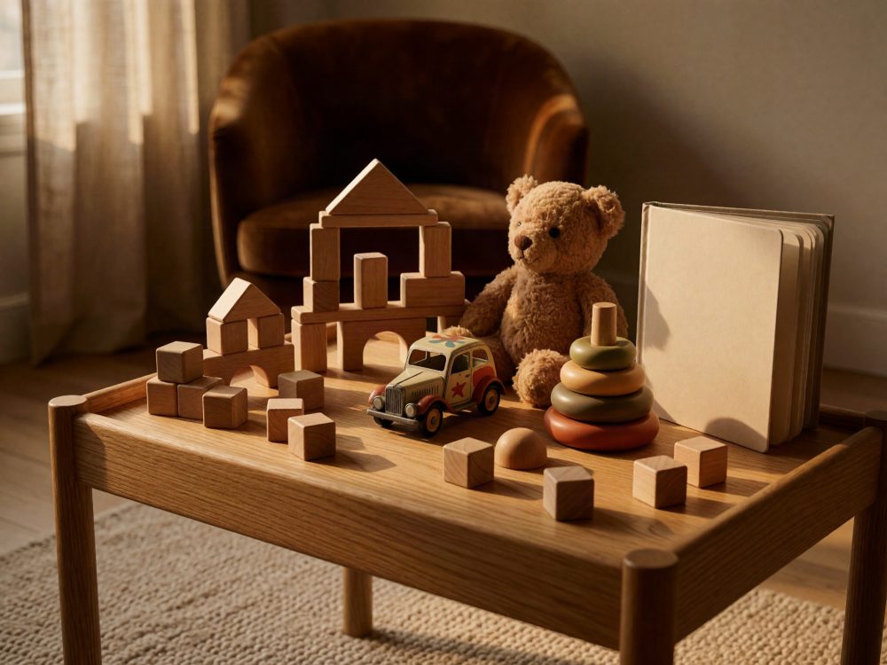Brinquedos de madeira sobre mesa com ursinho de peluche e livro num quarto acolhedor