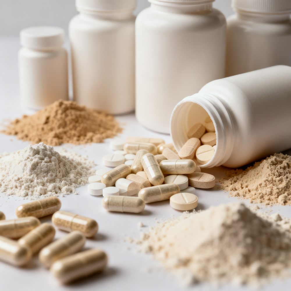 Frascos brancos com cápsulas, comprimidos e pós de suplementos em superfície clara