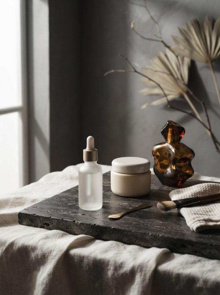Produtos de beleza minimalistas sobre pedra negra com luz natural e folhas secas ao fundo