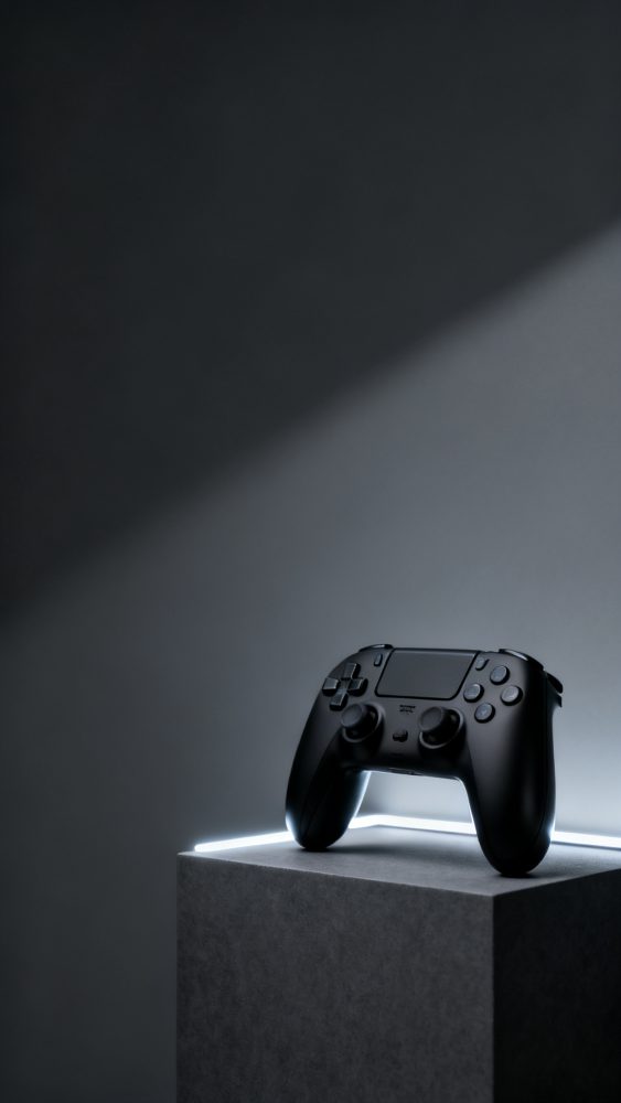 Comando de videojogos preto moderno sobre pedestal cinzento com luz branca ambiente