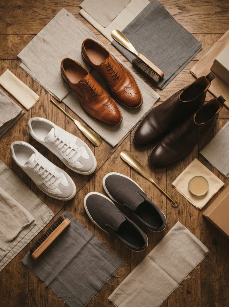 Três pares de sapatos masculinos variados com acessórios para cuidados em fundo de madeira e tecidos naturais