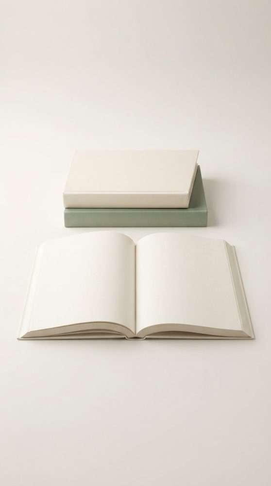 Três livros minimalistas com capas neutras, um aberto com páginas em branco, sobre fundo claro