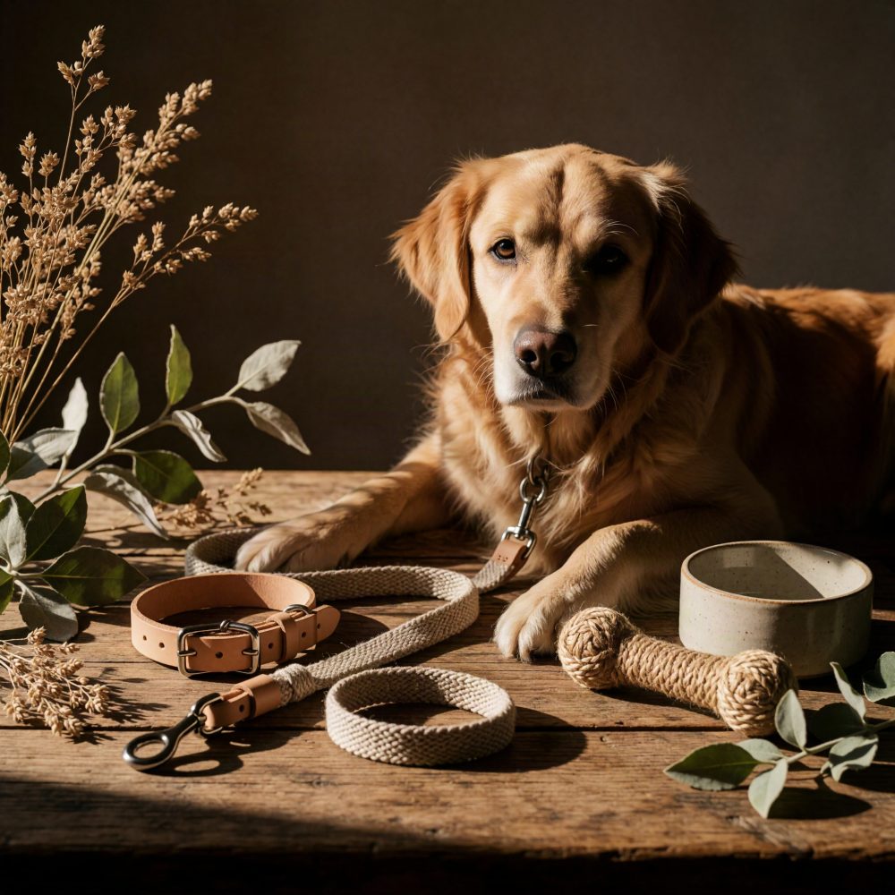 Cão Golden Retriever com coleira, trela, comedouro e brinquedo sobre mesa de madeira