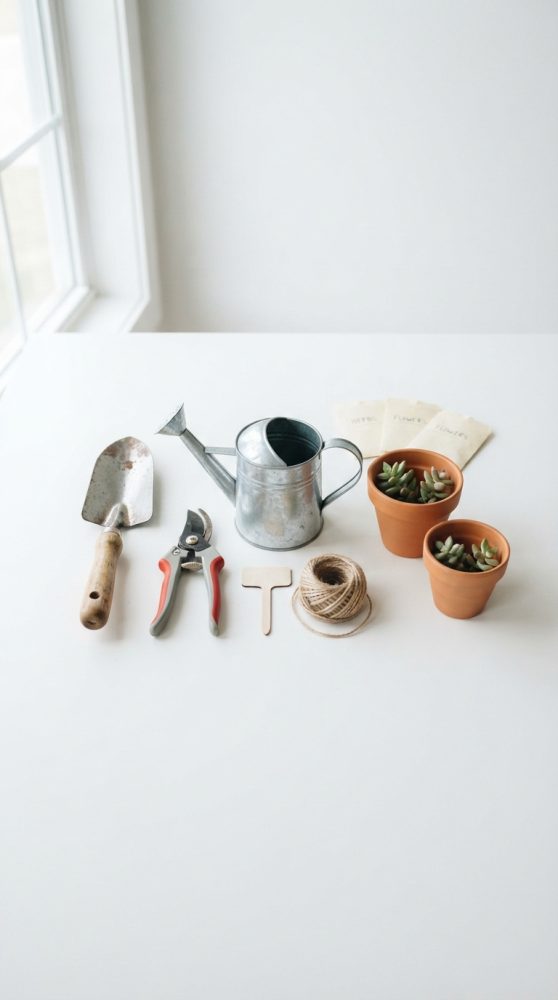 Conjunto de ferramentas de jardinagem com regador, tesoura, pá, corda, etiquetas e vasos de barro com suculentas.