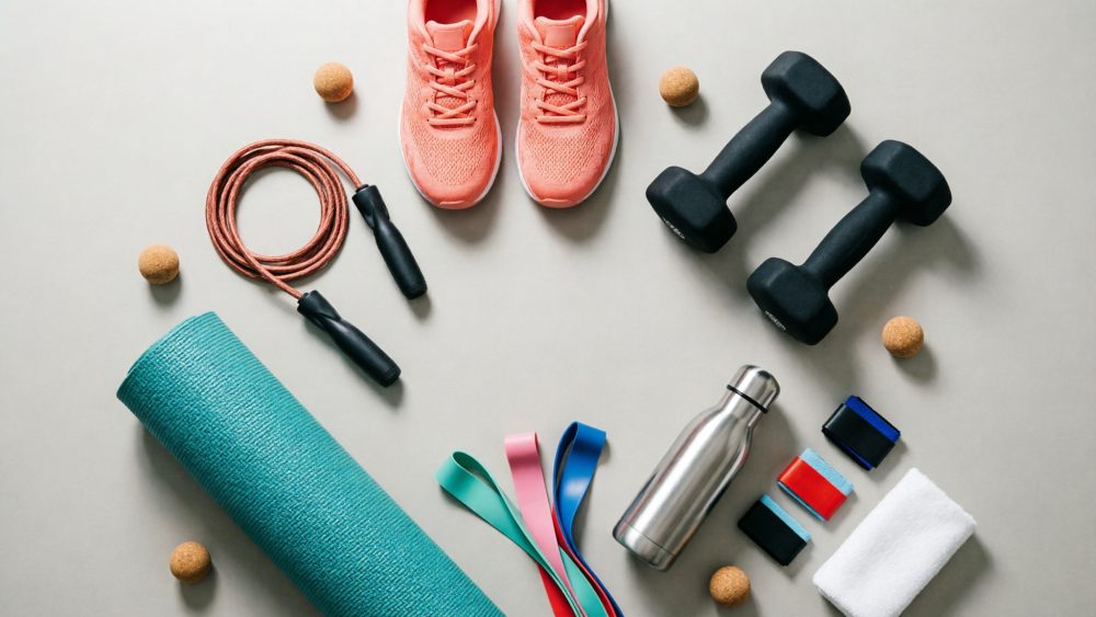 Ténis cor-de-rosa, halteres, corda de saltar, tapete de yoga, faixas elásticas e garrafa metálica para treino
