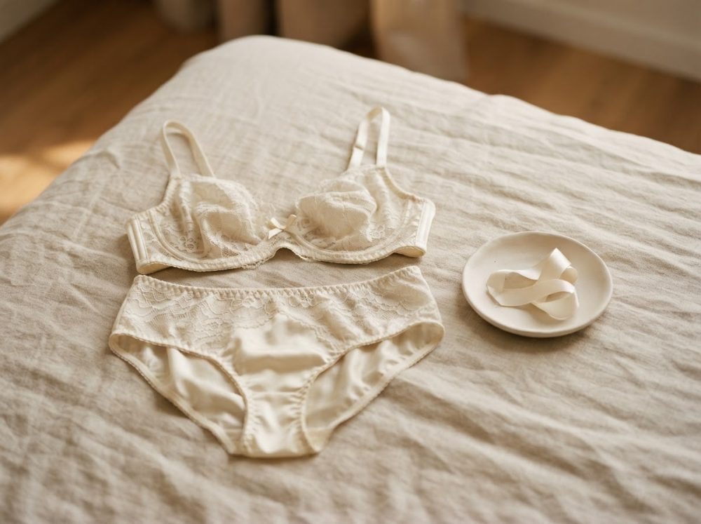 Conjunto creme de lingerie com renda colocado sobre uma cama com tecido bege e um prato pequeno ao lado