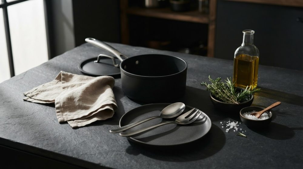 Utensílios de cozinha e ervas frescas dispostos sobre superfície escura