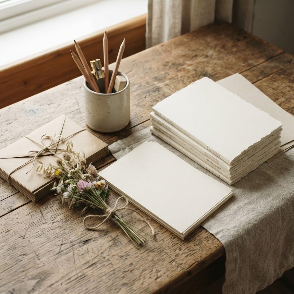 Mesa rústica com papel branco artesanal, envelopes amarrados, lápis e flores secas