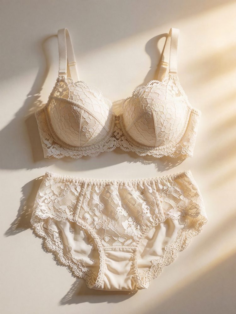 Conjunto de lingerie bege rendada com sutiã de aro e cueca combinando
