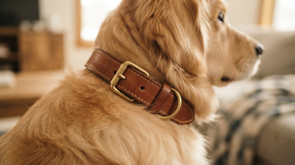 Cão com pelagem dourada usando coleira castanha de pele com fivela metálica dourada num ambiente doméstico acolhedor