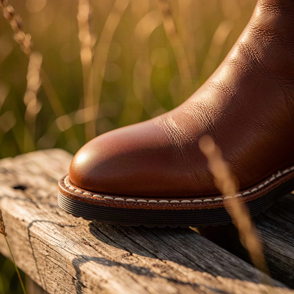Bota castanha em couro sobre madeira rústica com fundo desfocado de relva dourada
