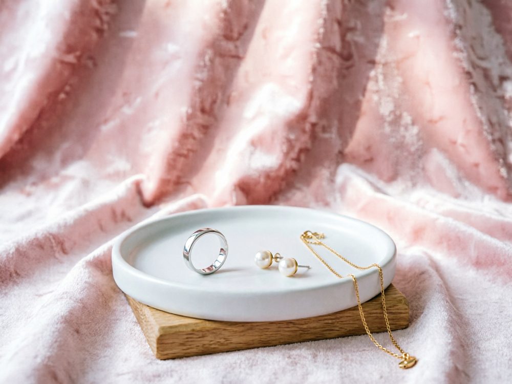 Anel prateado, brincos de pérola e colar dourado no prato branco com fundo rosa veludo