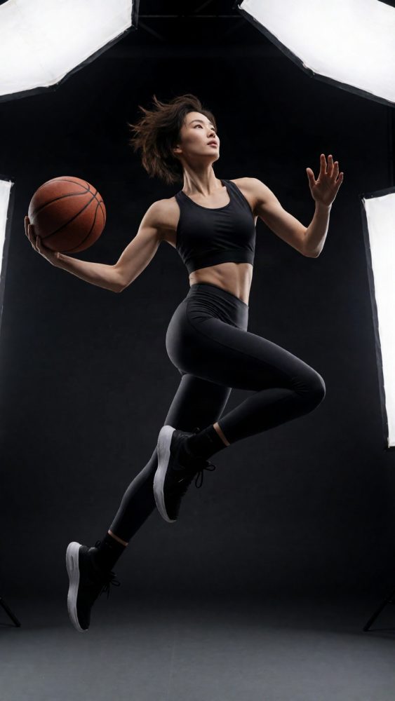 Mulher atlética a saltar segurando bola de basquetebol com roupa desportiva preta em fundo escuro