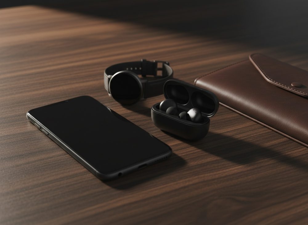Smartphone, relógio inteligente, auriculares sem fios e carteira de pele sobre mesa de madeira