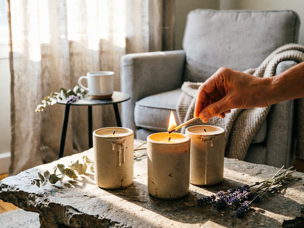 Mão a acender vela em recipiente cerâmico rústico sobre mesa de pedra com velas e flores secas