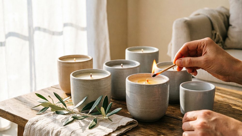 Velas em recipientes cerâmicos neutros sobre mesa de madeira com mão a acender uma vela