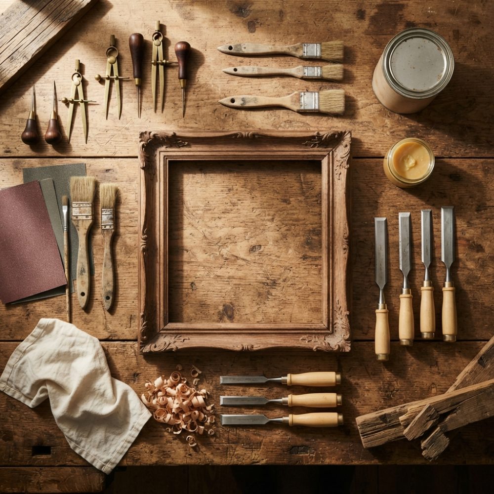 Ferramentas para restauração de madeira organizadas sobre mesa rústica com moldura de quadro.