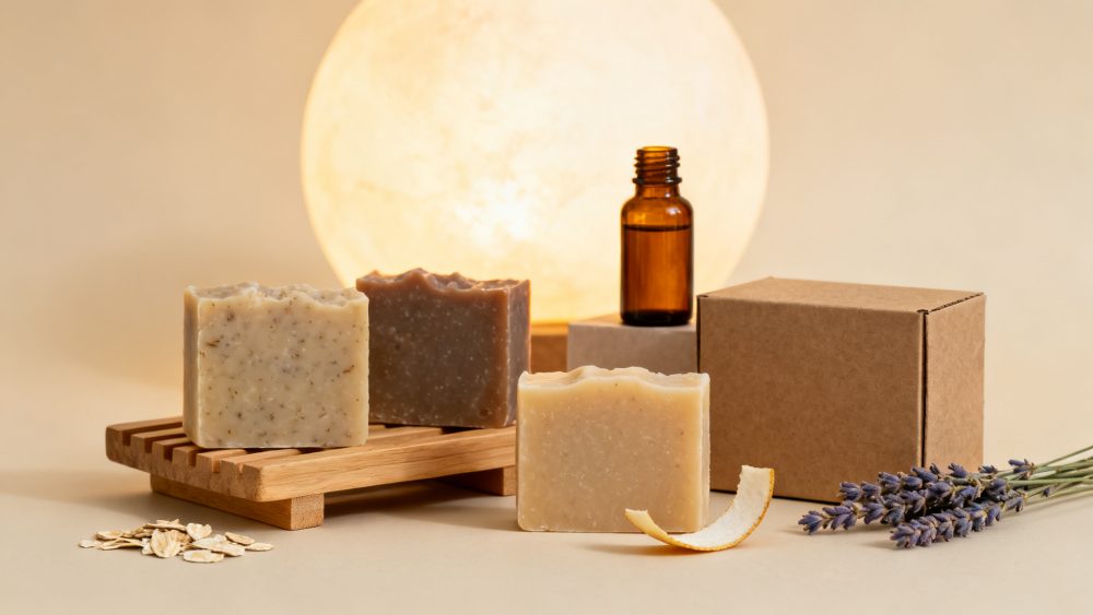 Sabonetes artesanais com aveia, lavanda e frasco âmbar em suporte de madeira e caixa de papelão