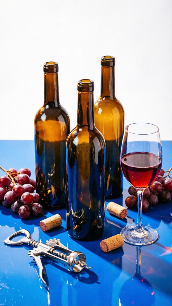 Três garrafas de vinho castanho, copo com vinho tinto, rolhas, cachos de uvas e saca-rolhas sobre mesa azul