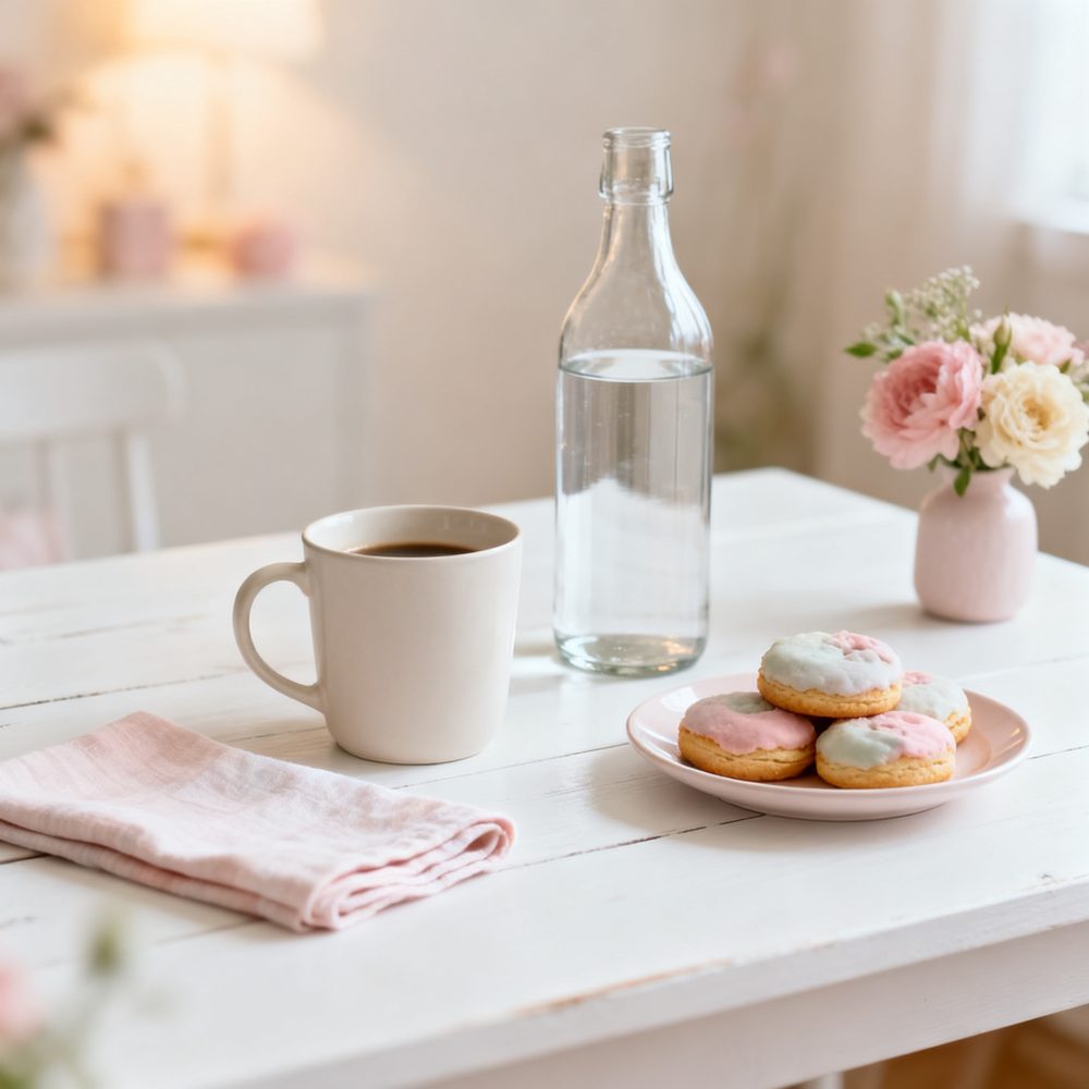 Caneca branca com café, bolachas glaceadas num prato rosa e garrafa de vidro sobre mesa branca com flores