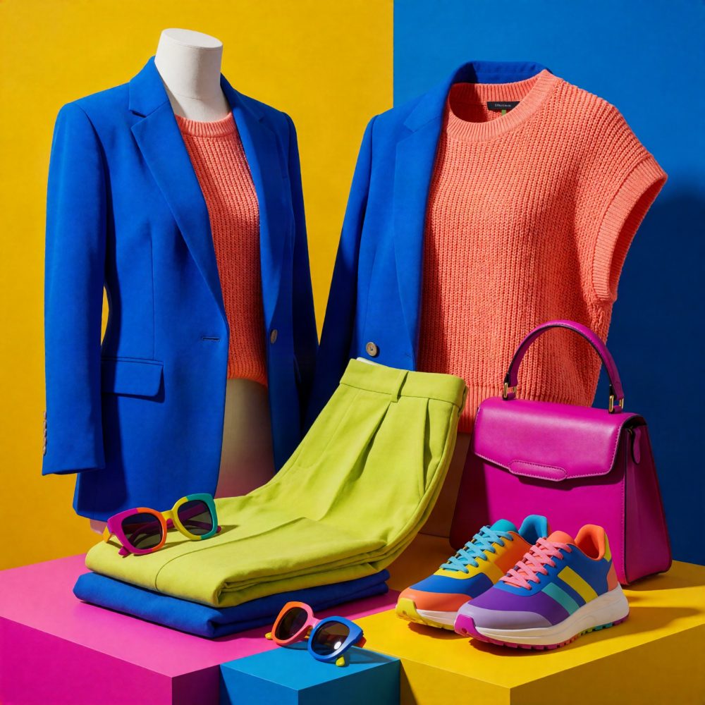Blazer azul com camisola coral, calças verde lima, ténis coloridos, mala rosa e óculos vibrantes sobre blocos coloridos