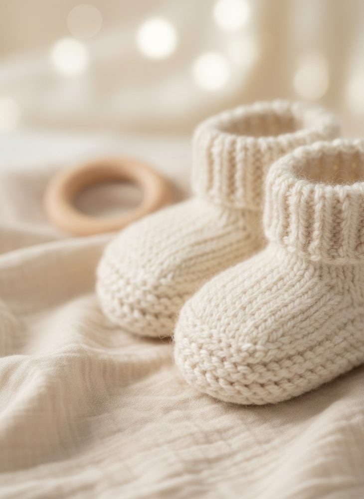 Pantufas de lã creme para bebé sobre tecido suave com fundo desfocado