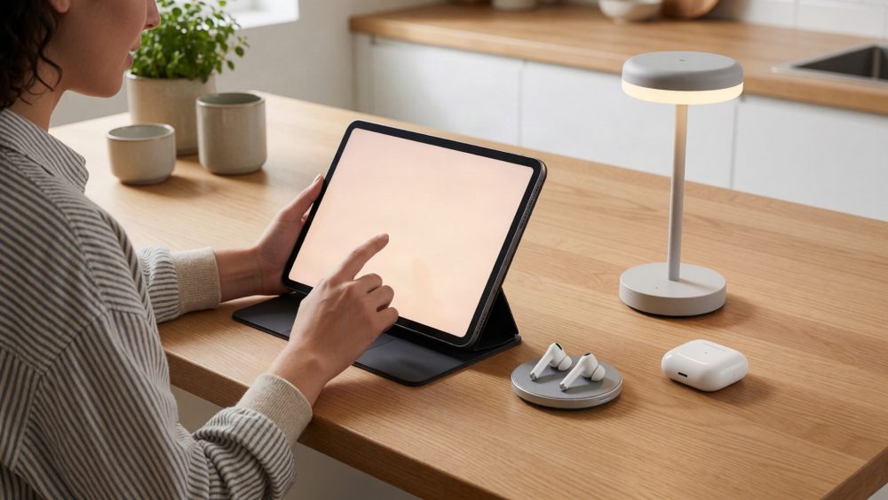 Pessoa usando tablet na mesa com auscultadores, suporte de carregamento e candeeiro moderno