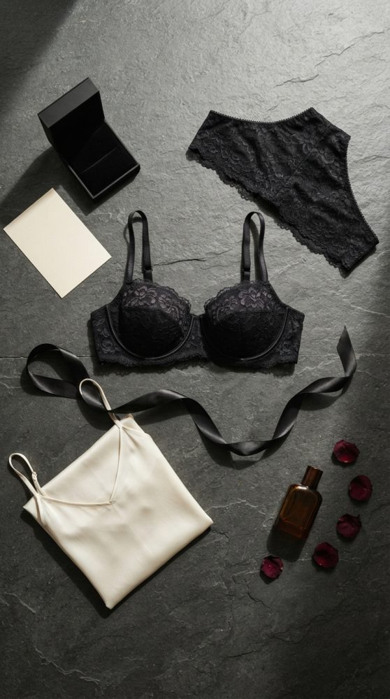 Conjunto de lingerie preta em renda com camisola bege, perfume e pétalas de rosa ao fundo escuro