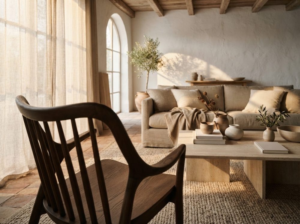 Sala de estar rústica com sofá bege, cadeira de madeira, mesa com vasos e ampla luz natural
