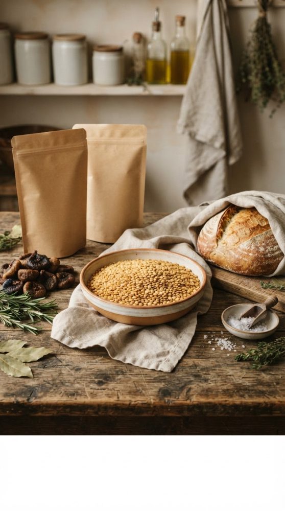 Mesa com taça de leguminosas, pão rústico, ervas e embalagens kraft em cozinha rústica