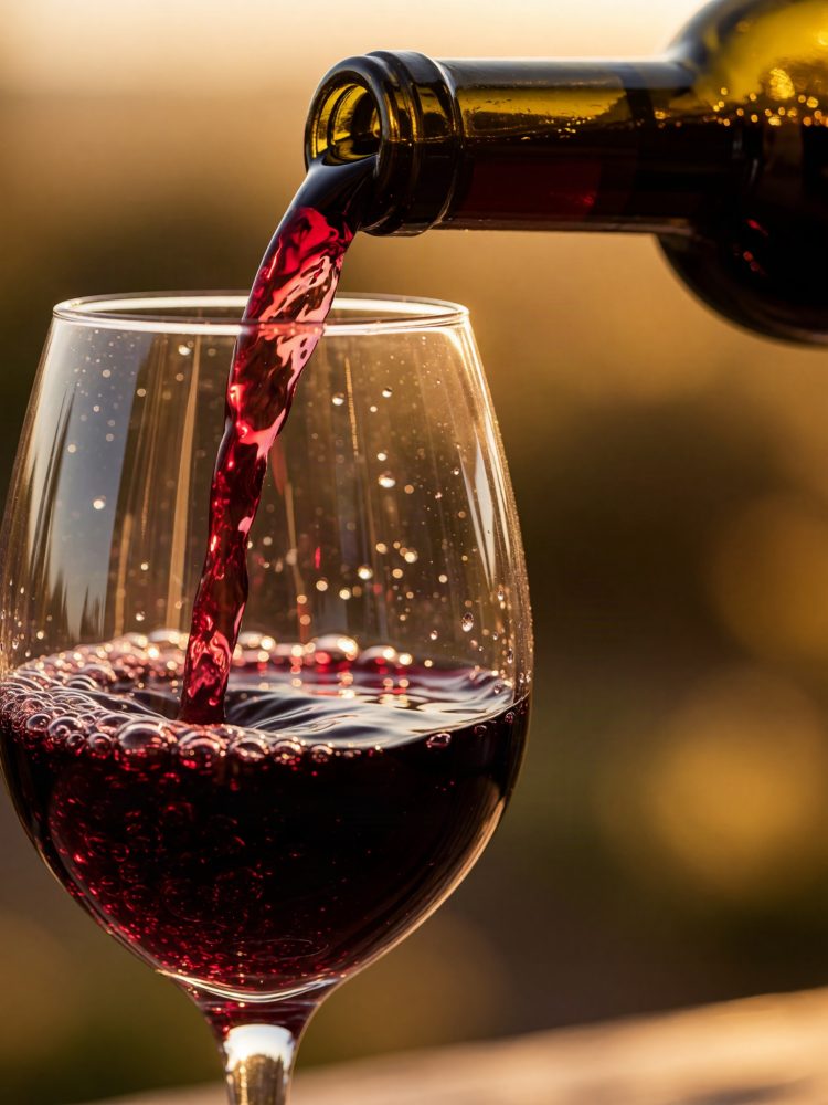 Vinho tinto a ser servido numa taça de vidro com luz dourada ao fundo