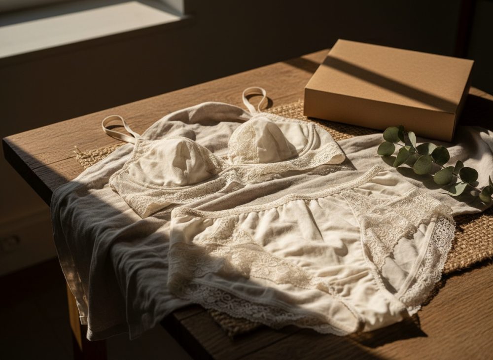 Conjunto de lingerie bege com renda sobre mesa de madeira e embalagem kraft