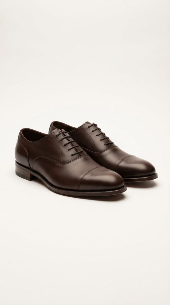 Par de sapatos Oxford castanhos em couro, com atacadores, sobre fundo branco