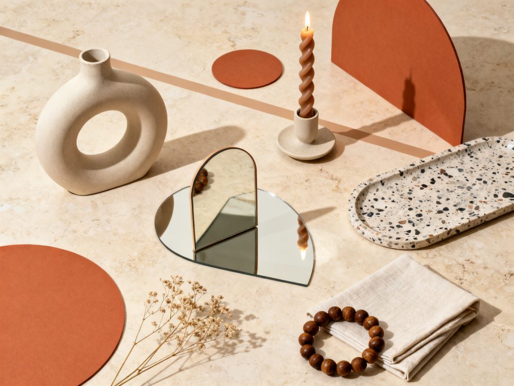 Objetos decorativos minimalistas em tons terra e neutros, com vaso cerâmico, vela e espelho