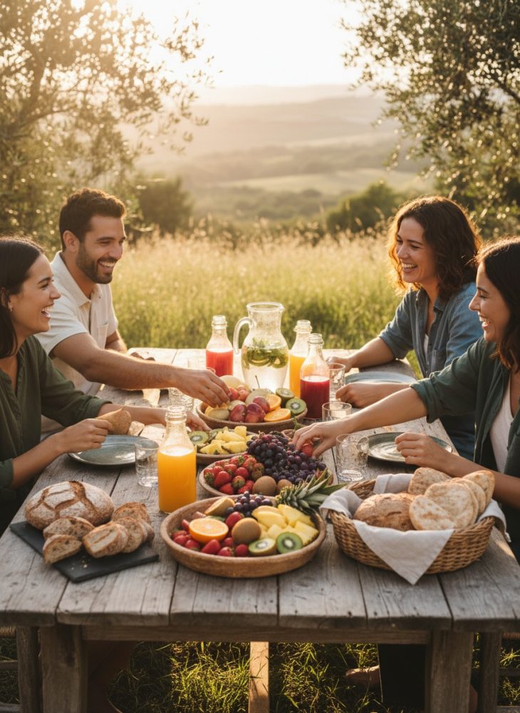 Quatro amigos a partilharem frutas frescas, pão artesanal e sumos numa mesa ao ar livre ao fim da tarde