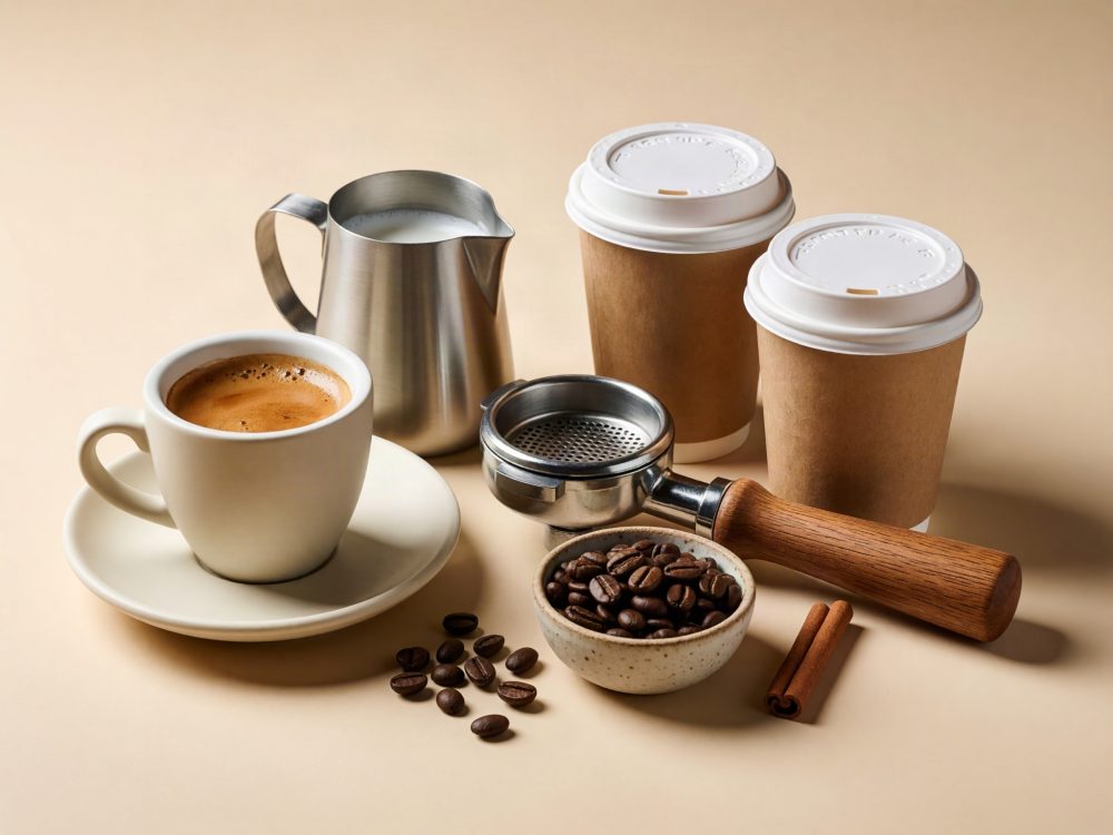 Conjunto de café com chávena, leiteira metálica, porta-filtro, grãos, canela e copos de take away