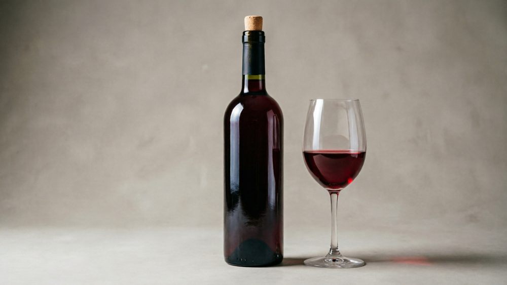 Garrafa de vinho tinto fechada com rolha ao lado de copo com vinho tinto meio cheio sobre fundo cinzento.