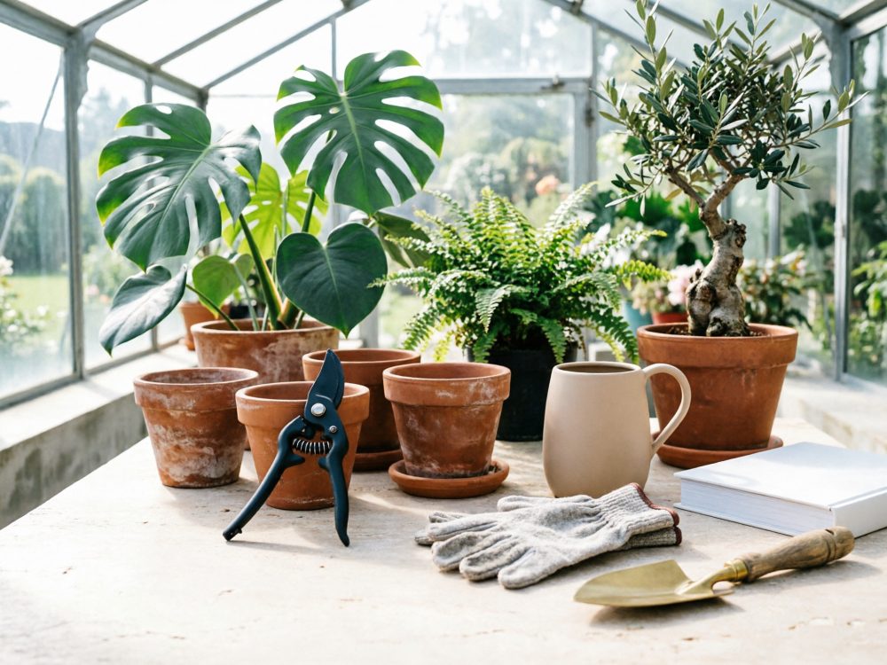 Mesa com vasos de barro, plantas verdes, ferramentas de jardinagem e caneca numa estufa luminosa