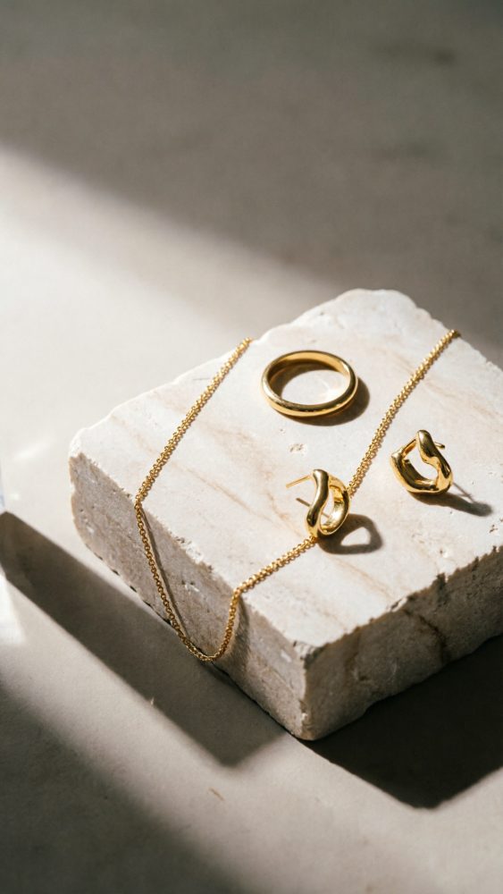 Conjunto de joias em ouro com anel, brincos e corrente sobre pedra natural clara com luz suave