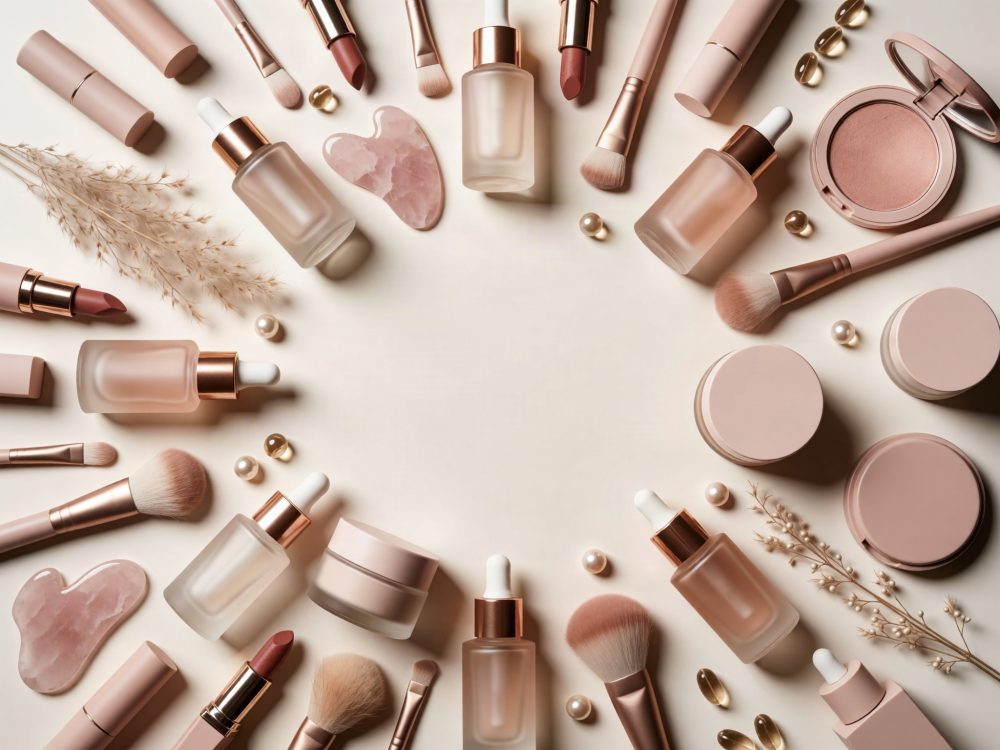 Produtos de maquilhagem nude, pincéis e frascos com conta-gotas dispostos em círculo sobre fundo claro