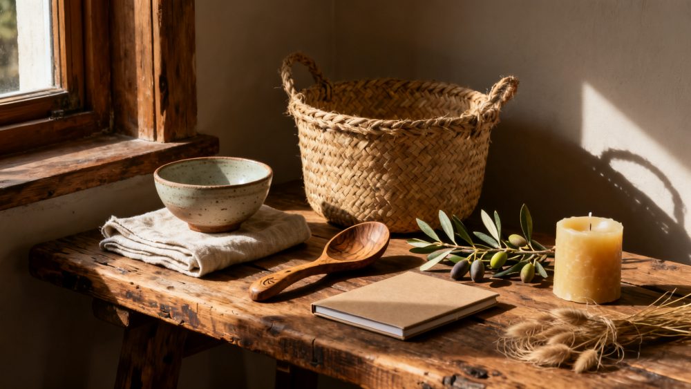 Mesa rústica com cesta de palha, tigela cerâmica, colher de madeira, vela, caderno e ramo de oliveira