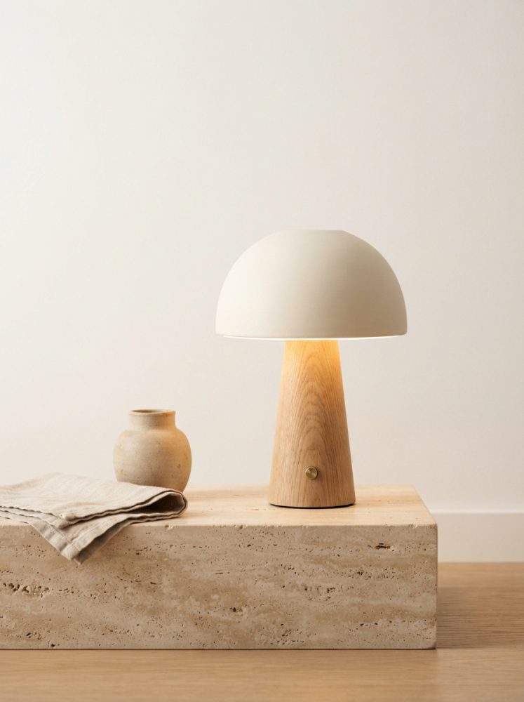 Candeeiro moderno com base em madeira e cúpula branca dentro de ambiente minimalista com vaso e tecido.