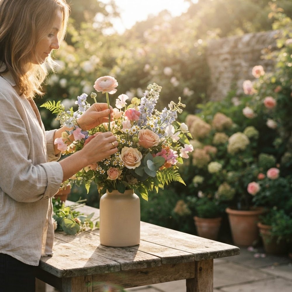 Mulher a montar arranjo floral em vaso bege sobre mesa rústica com jardim florido ao fundo