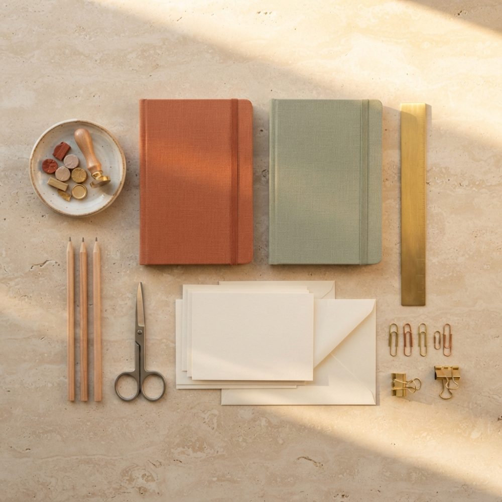 Material de papelaria com cadernos, lápis, tesoura, régua e clips sobre superfície bege
