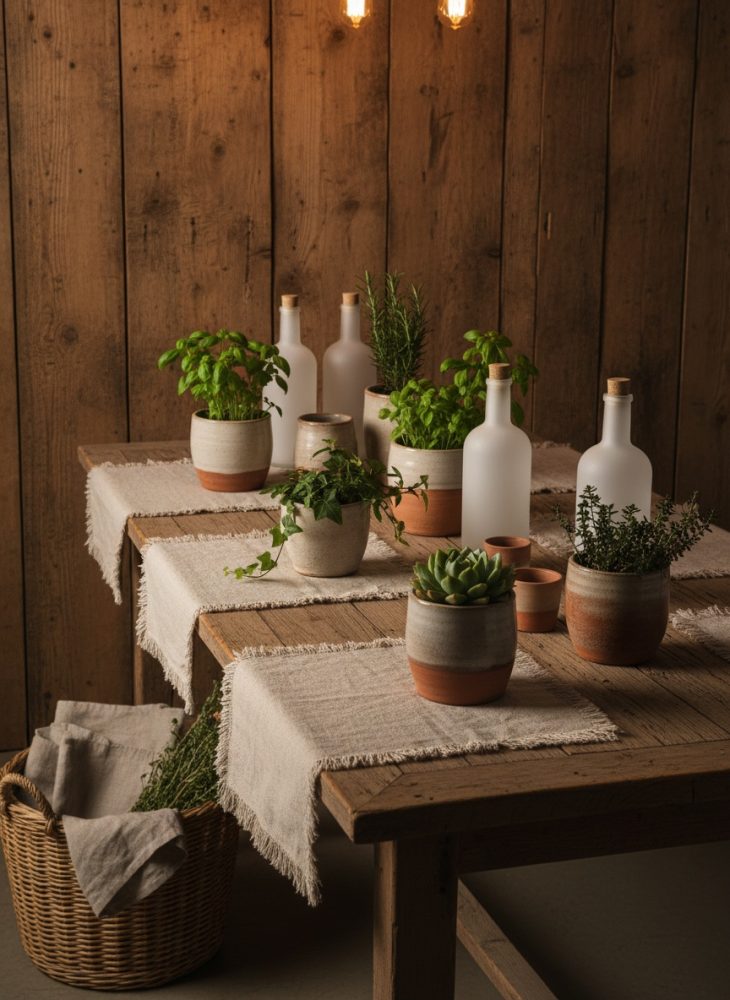 Mesa de madeira decorada com vasos de plantas verdes e garrafas de vidro fosco com toalhas de linho