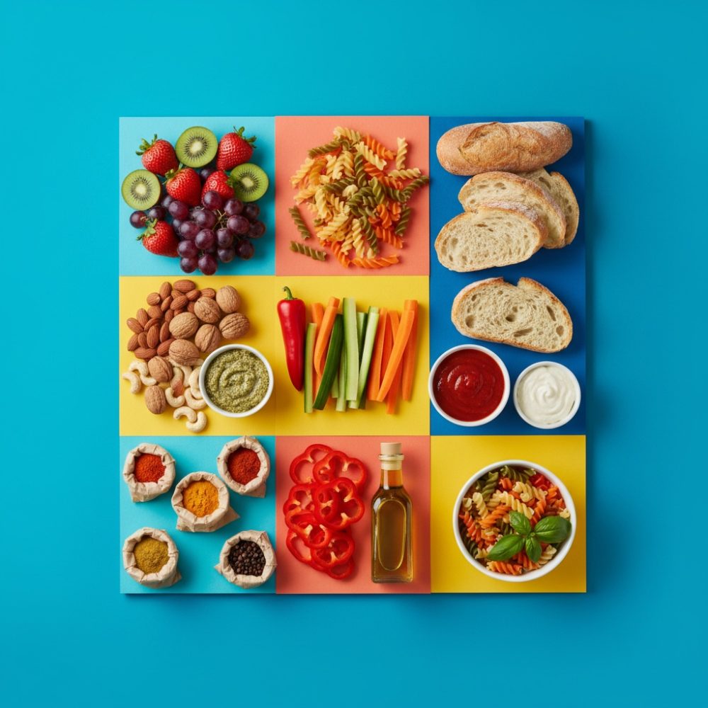 Diversos alimentos como frutas, massas, pães, molhos e vegetais organizados em quadrados coloridos.