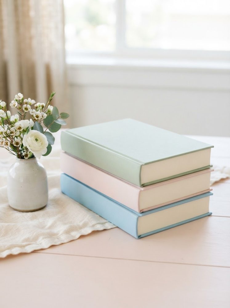 Três livros com capas pastel empilhados ao lado de vaso branco com flores em mesa clara