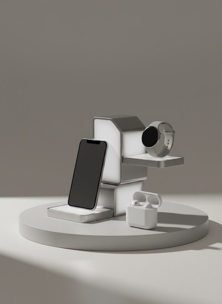 Smartphone preto, smartwatch cinza e auscultadores sem fios brancos em suporte moderno sobre base redonda cinza