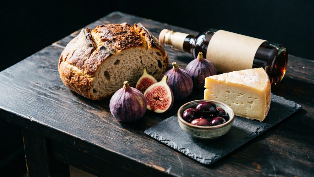 Pão rústico, figos frescos, queijo, azeitonas e garrafa de vinho sobre mesa de madeira escura