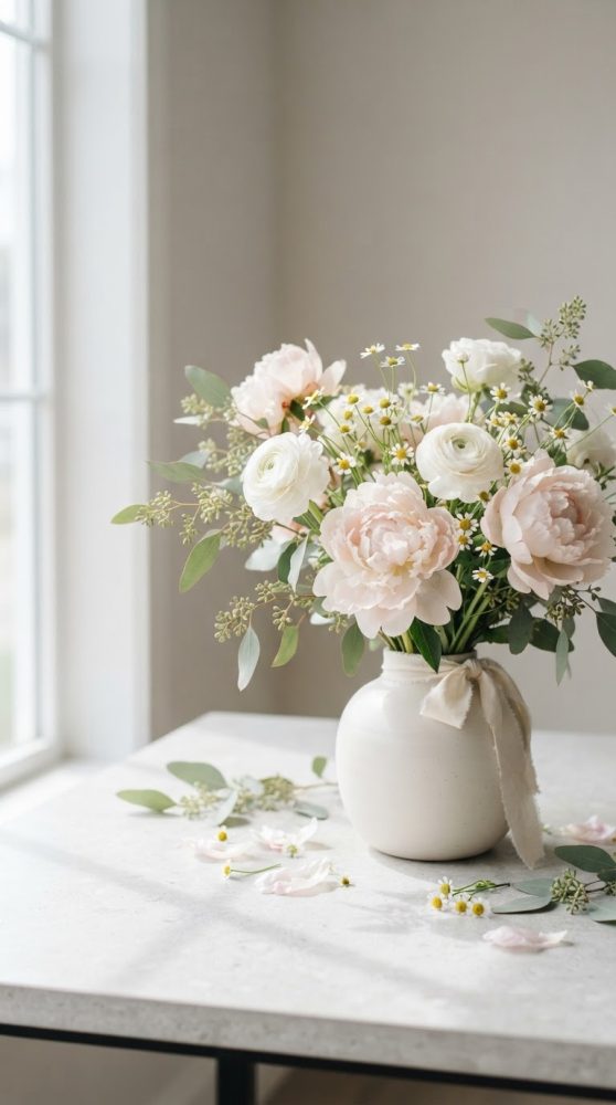 Arranjo de peônias cor-de-rosa claro e flores brancas num jarro branco sobre mesa perto de janela